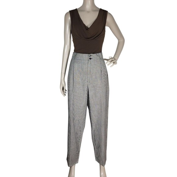 Vintage 80s Ultra-High-Waisted Pleated Front Houndstooth BLK/WHT Pants L/XL - Picture 1 of 7